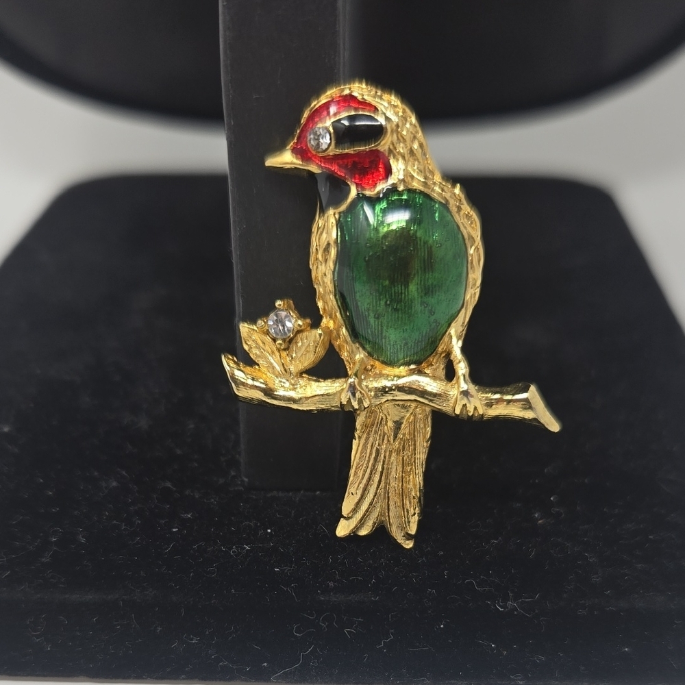 Vintage Elegant Gold and Green Bird Brooch